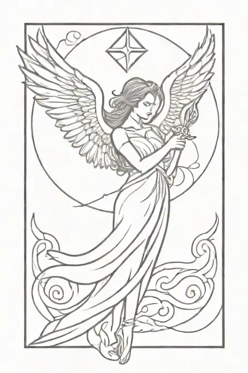 female angel phoenix rising fire holding dagger heart tattoo design idea