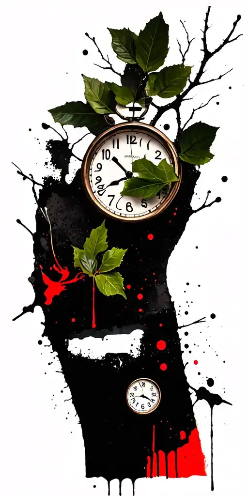 birch branches with hunter green leaves with only three clocks integrated into it tattoo design idea