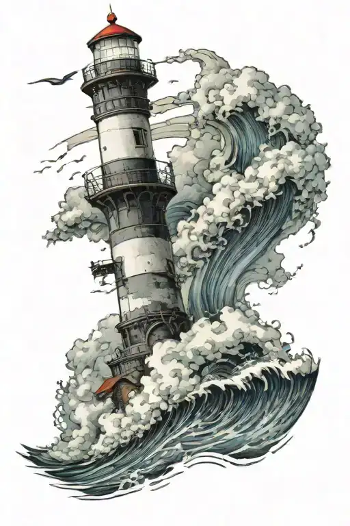 A majestic lighthouse rising above crashing waves and a stormy sea tattoo design idea