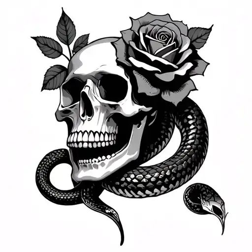 skull and rose and snake tattoo design idea