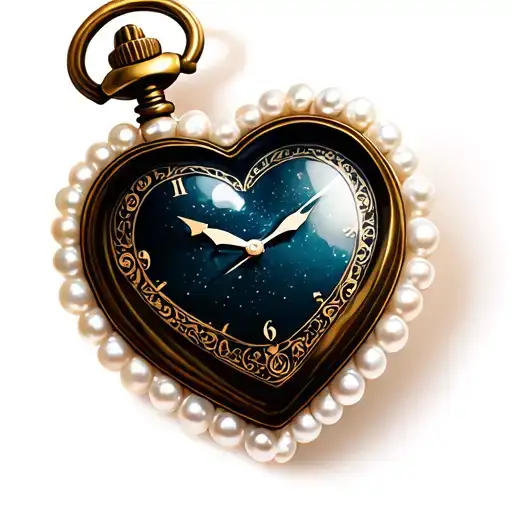 A heart-shaped pocket watch with a white pearl border, pointing to midnight. tattoo design idea