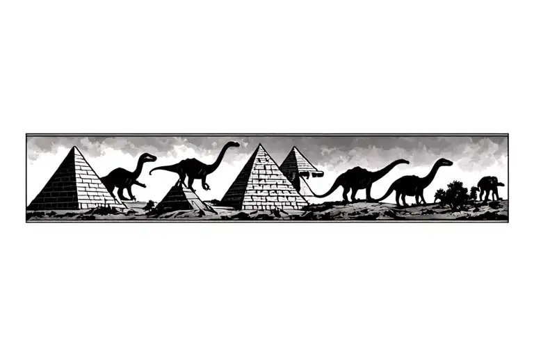 1 inch band around the bicep tattoo, with dinosaurs and pyramids tattoo design idea
