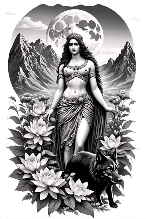 Athena goddess surrounded by poeny and lotus flowers growing and butte with a black wolf in a mountain range with a moon tattoo design idea