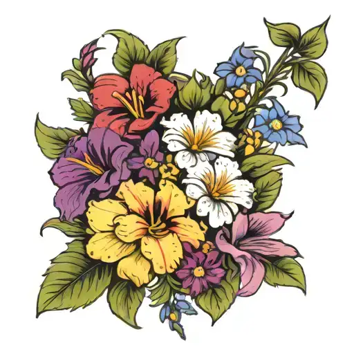 line of flowers with violets, primroses, water lilys, larkspur, asters, and morning glories   tattoo design idea