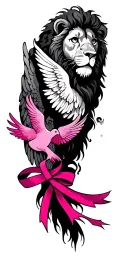 , lion head, pink tattoo, angel, dove with ribbon and eye with a tear tattoo design idea