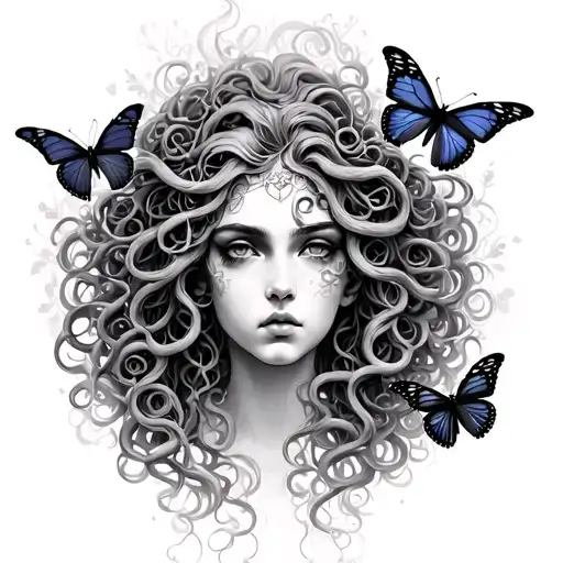 Medusa and butterflies surrounding tattoo design idea