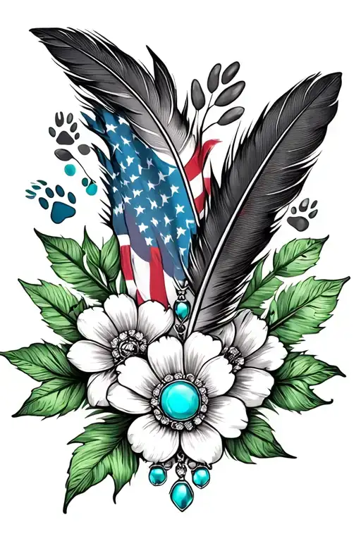 feathers, american flag, green leaves, one brooch turquoise jewelry, flowers, paw prints tattoo design idea