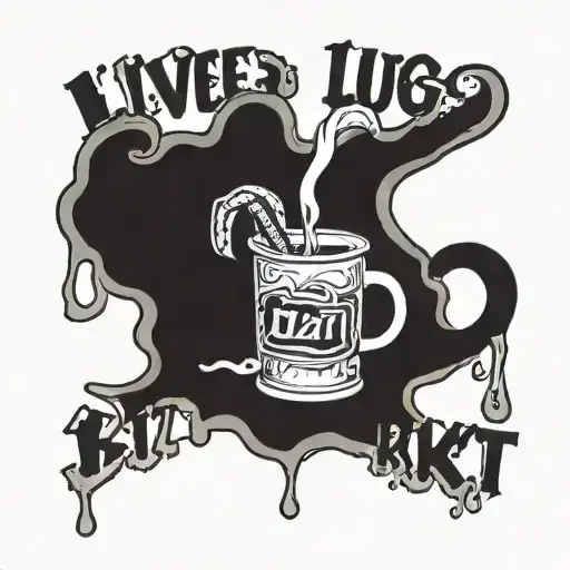 a banner wrapped around a cup of water with a single hot dog sticking out of it. banner says "Live, Laugh, Limp Bizkit tattoo design idea