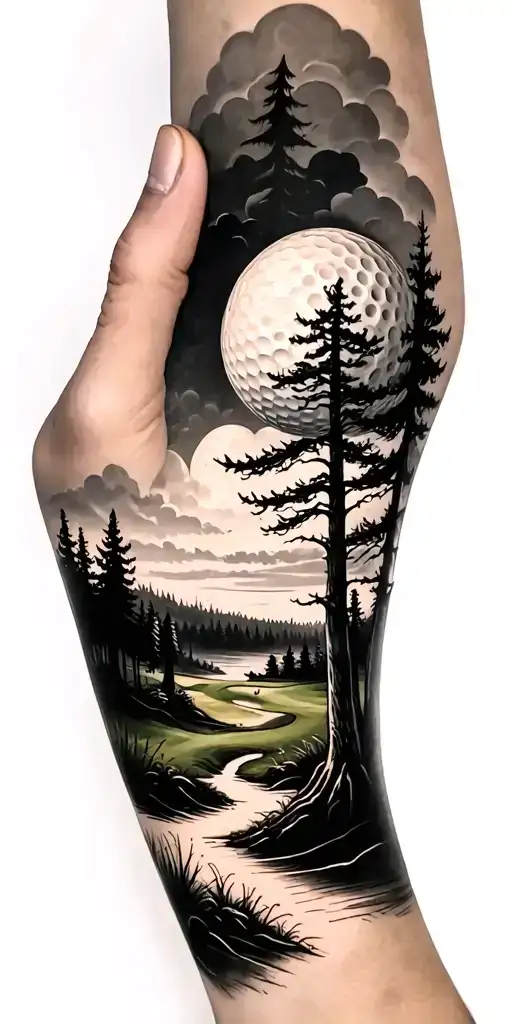 creepy forest scene with stormy sky golf course golf ball tattoo design idea