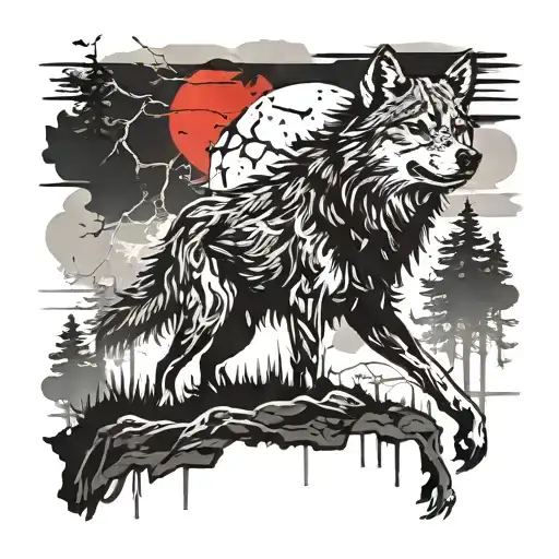 wolf shadow on cliff with red moon and lightning bolts pine trees tattoo design idea