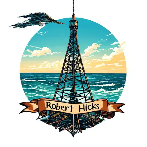 Radio Tower with Ocean in the background and a banner reading "Robert Hicks" tattoo design idea