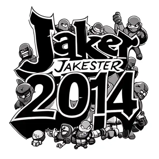 Make an image that has a bunch of video game characters surrounding a 3d graffiti style text saying Jakester2014 tattoo design idea