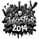 Make an image that has a bunch of video game characters surrounding a 3d graffiti style text saying Jakester2014 tattoo design idea