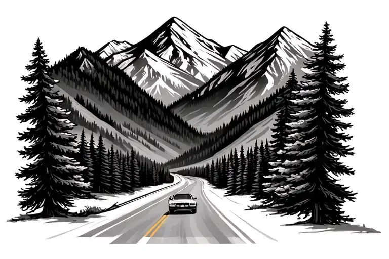 driving up a mountain on a small road with pine trees in Oregon  tattoo design idea