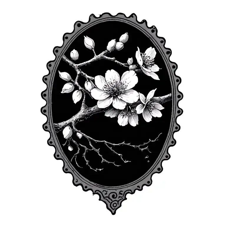 a postage stamp with a cherry blossom branch through it tattoo design idea