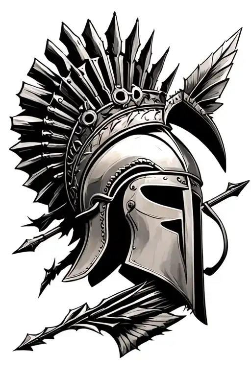 A Achilles style Spartan helmet going through the helmets Apollo's arrow and hanging off of the arrow, spartan crown tattoo design idea