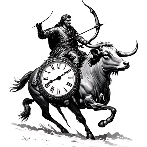 clock set to 3:22, a sagittarius archer riding an ox tattoo design idea