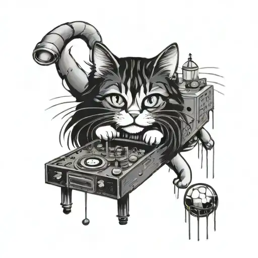 Arwen the longhair cat playing with pinball machine parts in the rain tattoo design idea