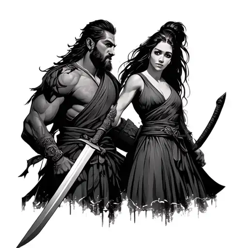 samuri man and woman holding a sword tattoo design idea