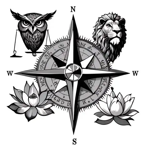 Compass with owl symbol in north, lion head in south, justice scale in west and lotus flower in east tattoo design idea