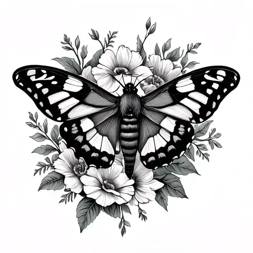 floral hand tattoo with moth sitting tattoo design idea
