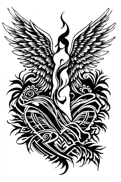 Polynesian tribal and landscape topography with angel wings  tattoo design idea