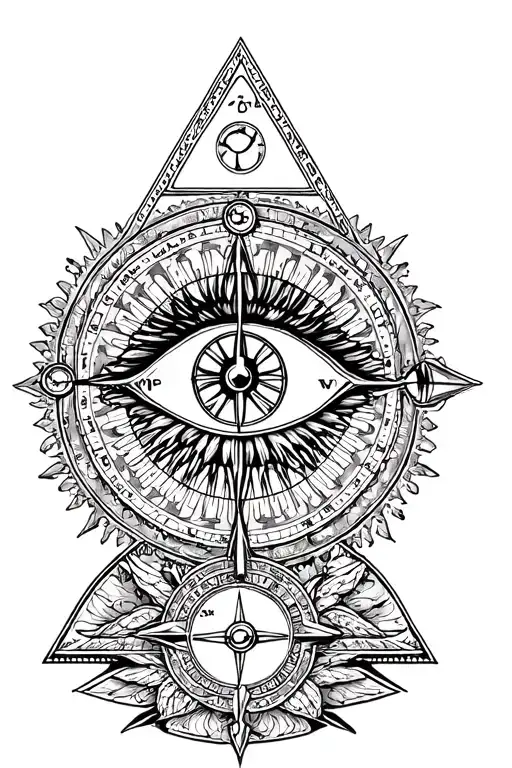 Centerpiece: The Illuminati Eye inside a mandala design, representing wisdom and enlightenment.Clock & Compass: A Roman tattoo design idea