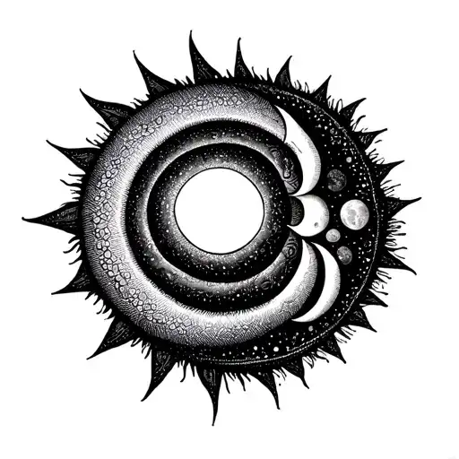 Spiral sun at the top of the right arm, followed by a curved flow of symbolic moon phases from new moon to full moon and tattoo design idea