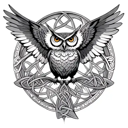Celtic WHEEL with spread wing owl tattoo design idea