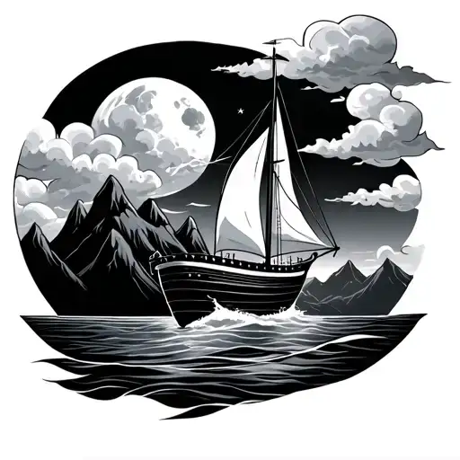 sail boat with mountains in the background, moon and clouds tattoo design idea