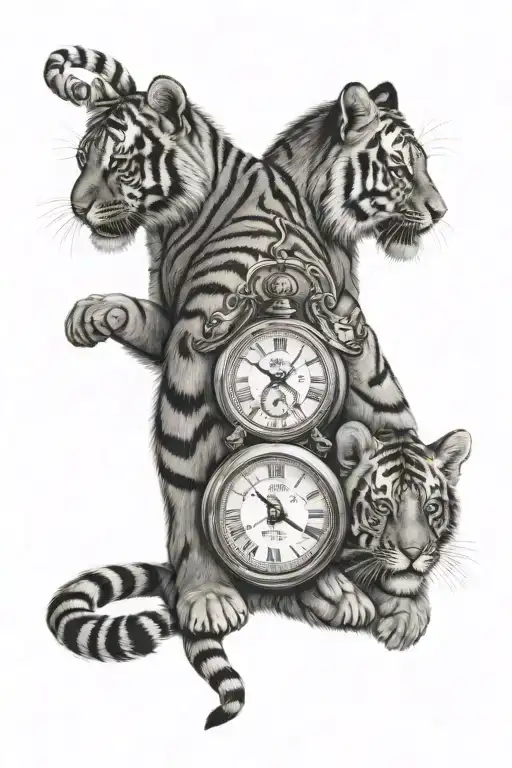 2 tiger cubs with 2 pocket watch's tattoo design idea