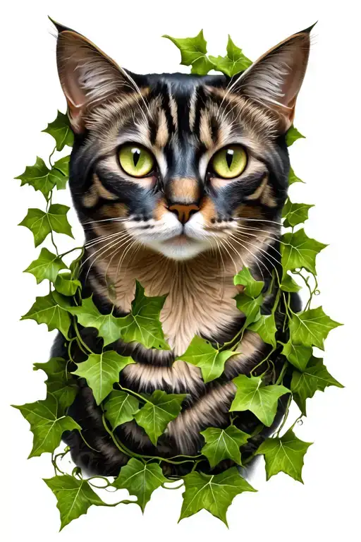 cat surrounded with ivy vine wrapped tattoo design idea