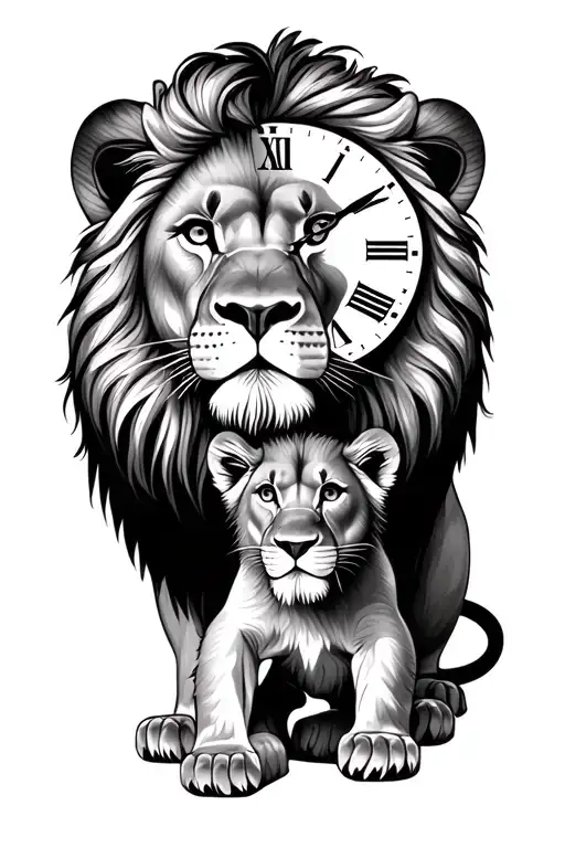 lion with cub looking with clock showing 22:14 and date of 4th November 2023 tattoo design idea