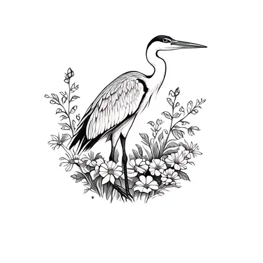 A minimalist tattoo of a heron standing in a garden of flowers, representing tranquility and beauty tattoo design idea