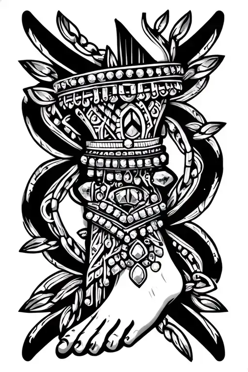 jewelry chain with gems on anklet. and foot  tattoo design idea