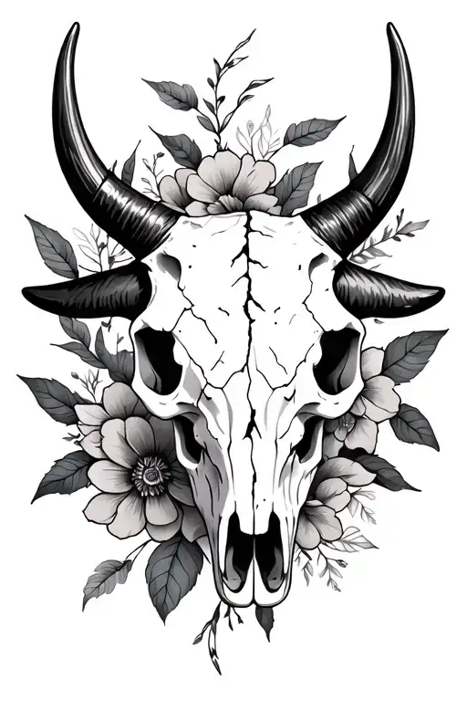 bull skull with broken horns with florals tattoo design idea