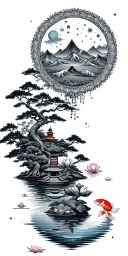 Black-grey mandala with water,mountains,tree,tiny temple,starry sky,mandala,lotus, small koi tattoo design idea