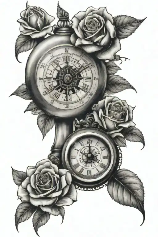 2 roses, clock combined with compass and a suger skull with initials mlb tattoo design idea