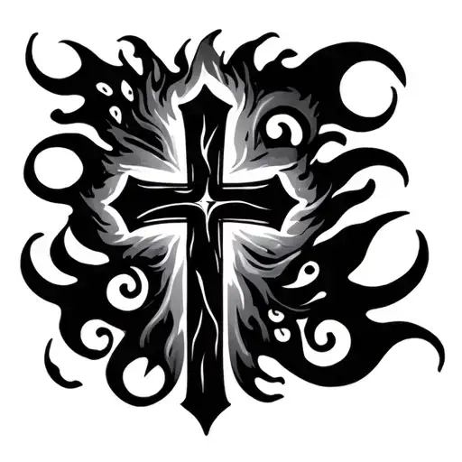 A Minimalistic cross surrounded by some swirls Like flames tattoo design idea