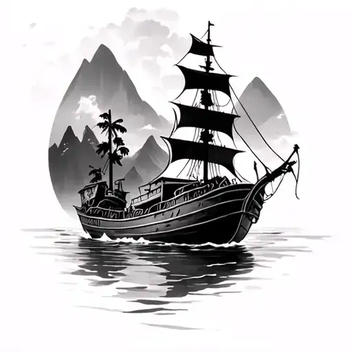 moana's boat on the ocean and background is mountains tattoo design idea