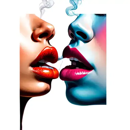 two female lips exchanging smoke between the mouths tattoo design idea