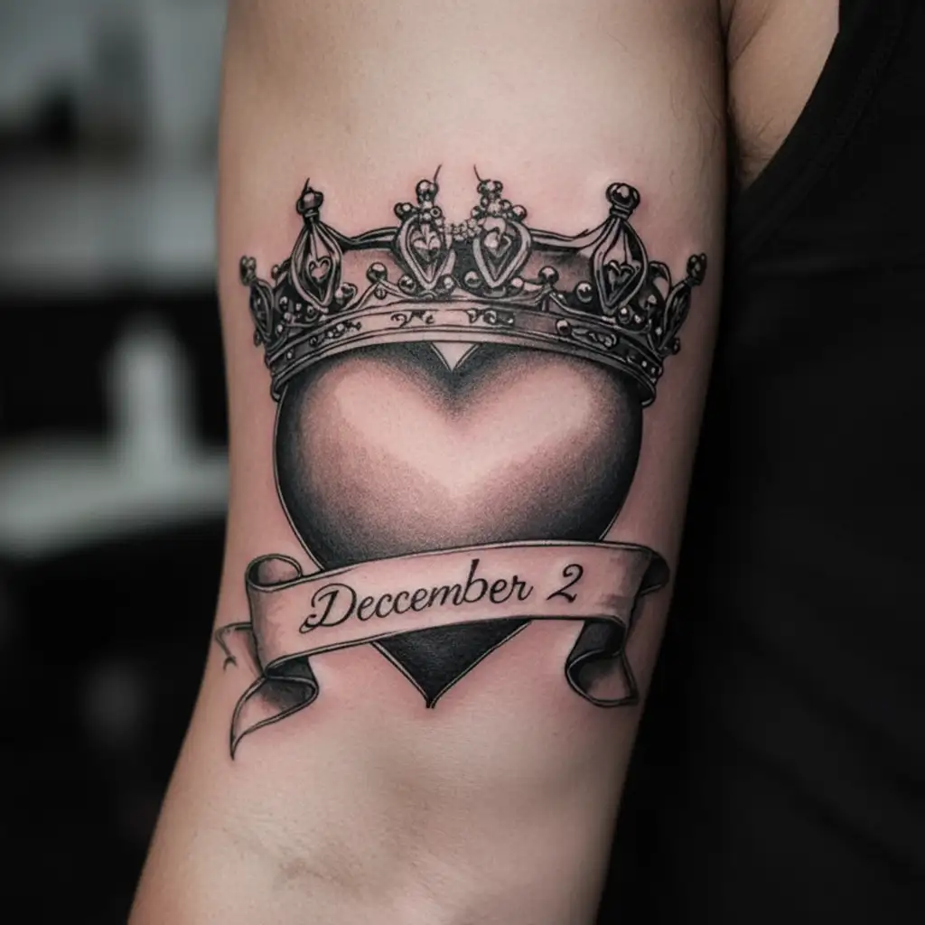 a queen's crown enclosed by a larger heart. there is a ribbon that passes through the middle of everything with December 2 written on it tattoo design idea