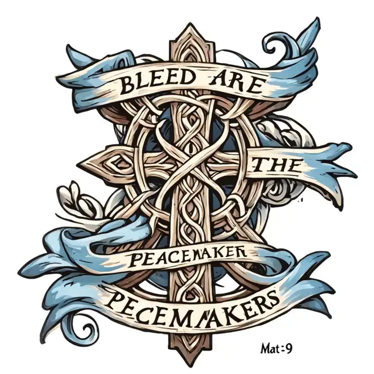 Celtic Cross with ""Blessed are the peacemakers" written on a blue banner draped on the cross.  Mat 5:9 written below tattoo design idea