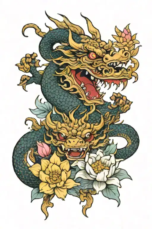 dragon with lotus flower and oni mask tattoo design idea