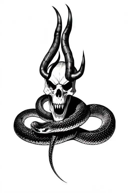 demonic skull with large horns entangled by a detailed snake, sharp fangs, angry expression, black and white tattoo desi tattoo design idea