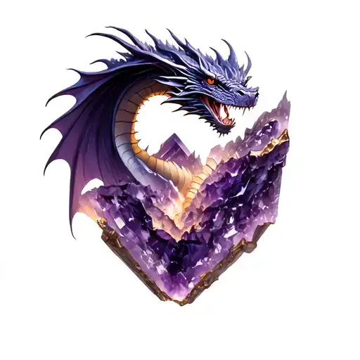 a dragon over a piece of amethyst tattoo design idea