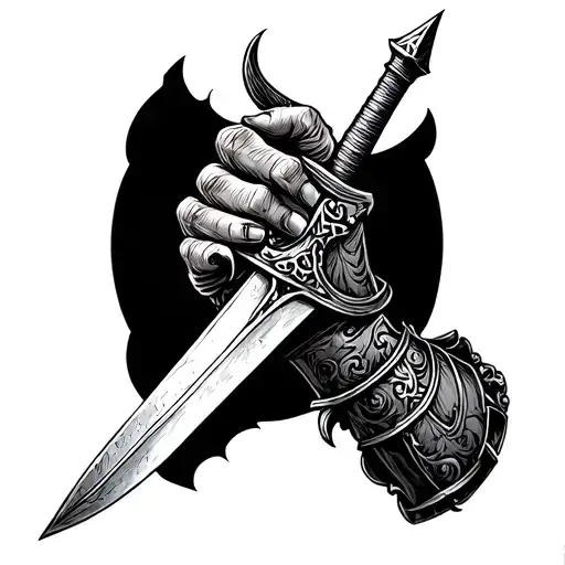 Knight hand, armour, armour hand, engraving style, medieval style, blackwork, dark art, sword holding armour hand knight tattoo design idea