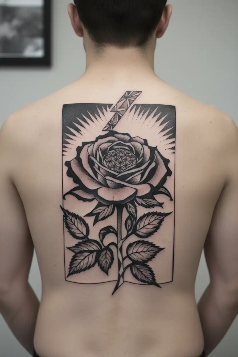 psychedelic Rose with the flower of life inside, with the rose stem wrapped around the grateful dead lightning bolt tattoo design idea