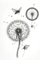 A sketch style tattoo of a dandelion blowing in the wind, with delicate ladybug crawling on one of the steeds, compass tattoo design idea