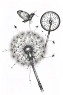 A sketch style tattoo of a dandelion blowing in the wind, with delicate ladybug crawling on one of the steeds, compass tattoo design idea